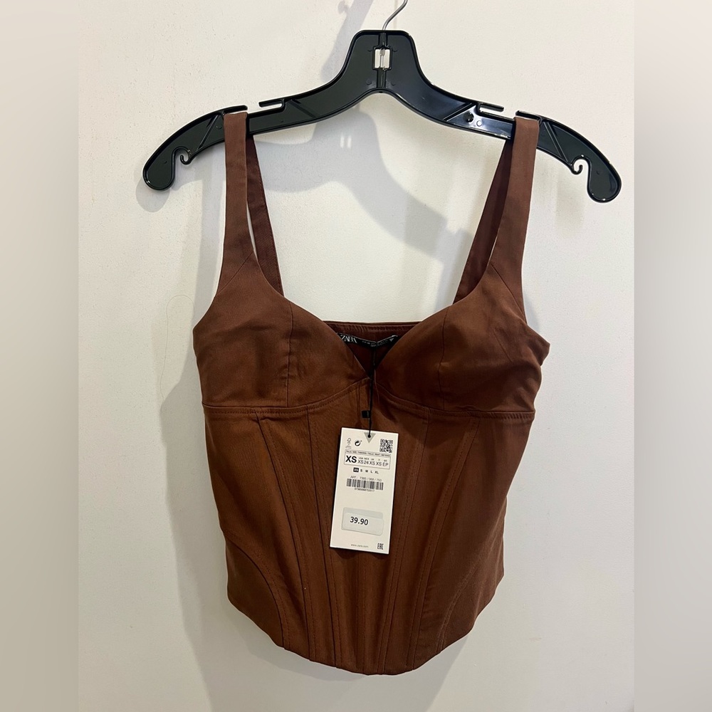 Zara Linen Blend Corset Top-Chocolate Brown XS